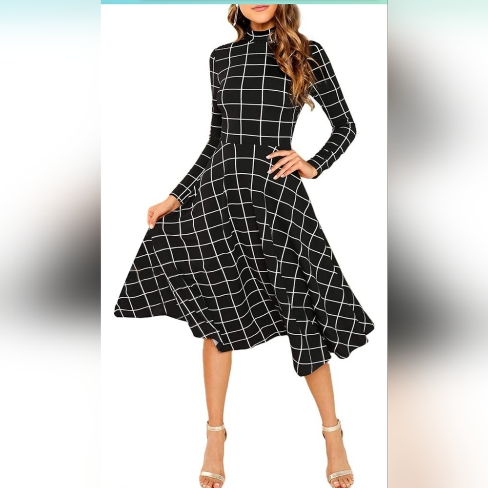 [Floerns] Women's Fit and Flare Plaid High Neck Long Sleeve Midi 《XXL》